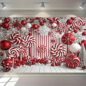 Candy House Theme Backdrop, 1 Count Colorful Candy Cane & Bell Ball Pattern Decorative Backdrop, Party Decorations Banners, Wall Hanging Decor for Home Living Room Bedroom, Banners