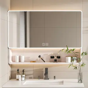 Bathroom Vanity Mirror Medicine Cabinet Organizer 35 x 28 Inch LED Defogging Mirror with Cosmetic Storage & Hair Dryer Holder; Aluminum Wall Mount Cabinet Over Sink, Khaki