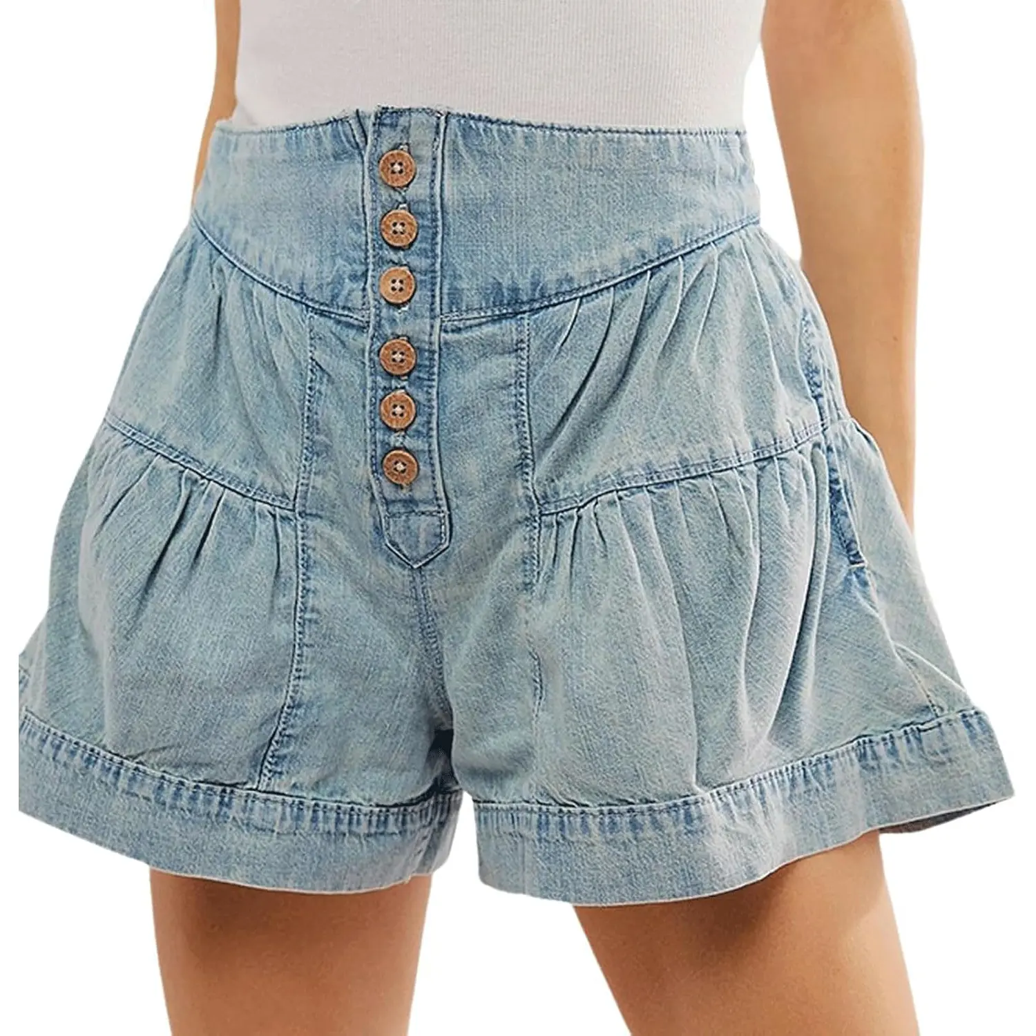 utcoco 2026  Womenswear summer high waist denim shorts casual elastic waist wide leg button shorts pleated ruffle denim shorts Bottom jean shorts,summerwins