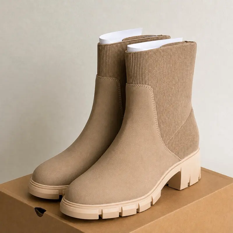 ZBY Women’s Chunky Platform Ankle Boots – Ribbed Knit Slip-On Lug Sole Booties Khaki