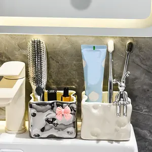 1pc Cheese Square Ceramic Storage Box Toothbrush Comb Holder Makeup Brush Razor Toothbrush Toothpaste Bathroom Washstand Countertop Storage Tube