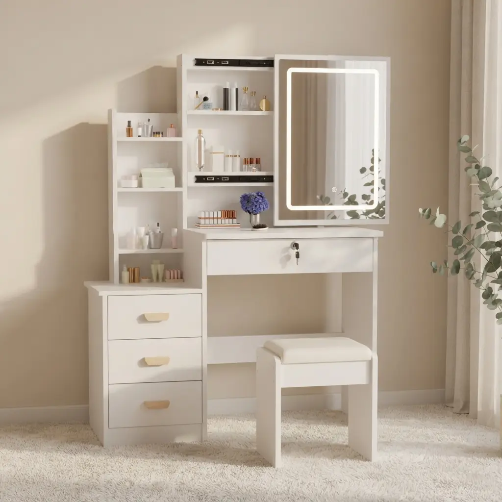 Modern LED Makeup Vanity Dressing Station for Bedroom, 3 Color Dimmable Light Mirror, Lockable Drawer, Multi Storage Shelves, Silent Slide Rails, Complete Vanity Set with Cushioned Stool