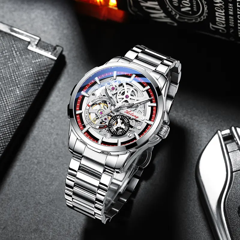 Men's Automatic Skeleton Watch with a Luminous Tourbillon Dial, 42mm Round Face and Stainless Steel Band, 50M Waterproof, 4-Blue Black Steel, Automatic Movement, Metal, 30M - 50M