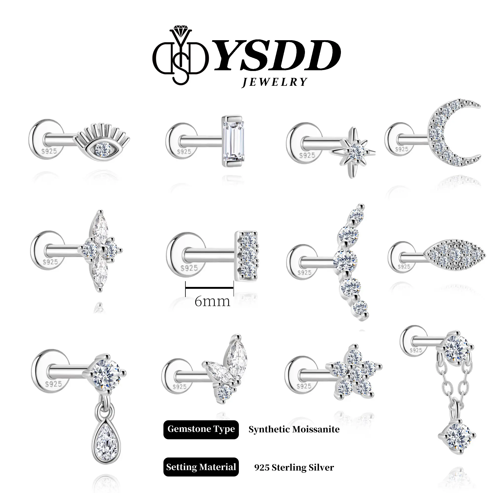 【#699】6mm Threaded Flat Back Studs Full Moissanite vvs Synthetic Moissanite Earrings in 925 Sterling Silver