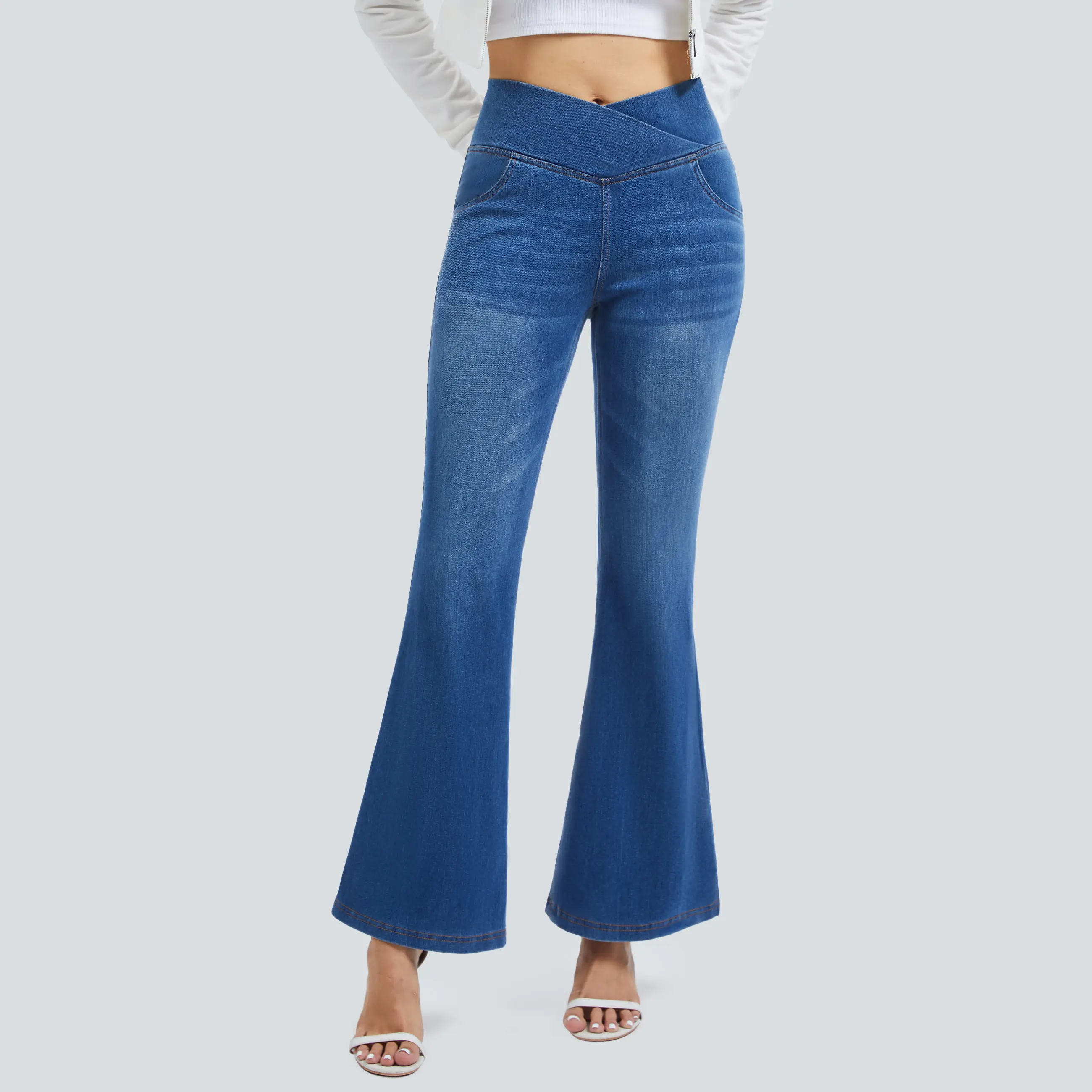 YUCOLEN Women's High Waisted Crossover Flare Denim Jeans - Regular Length, Stretchy Cotton Smooth Fabric, Tummy Control, Hip Lifting, 4 Pockets, Pull On Casual Bell Bottom Shapewear for Fall Outdoor Fun, Soft, Kick Flare Jeans