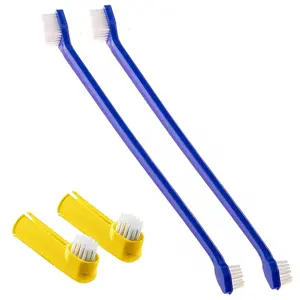 Dog & Ferret Toothbrush Set of 4, 2 Long Dual-Headed and 2 Finger Brush, Blue and Yellow, for Puppy, Cat and Small Breed Dog, 9-Inches and 2.5-Inches