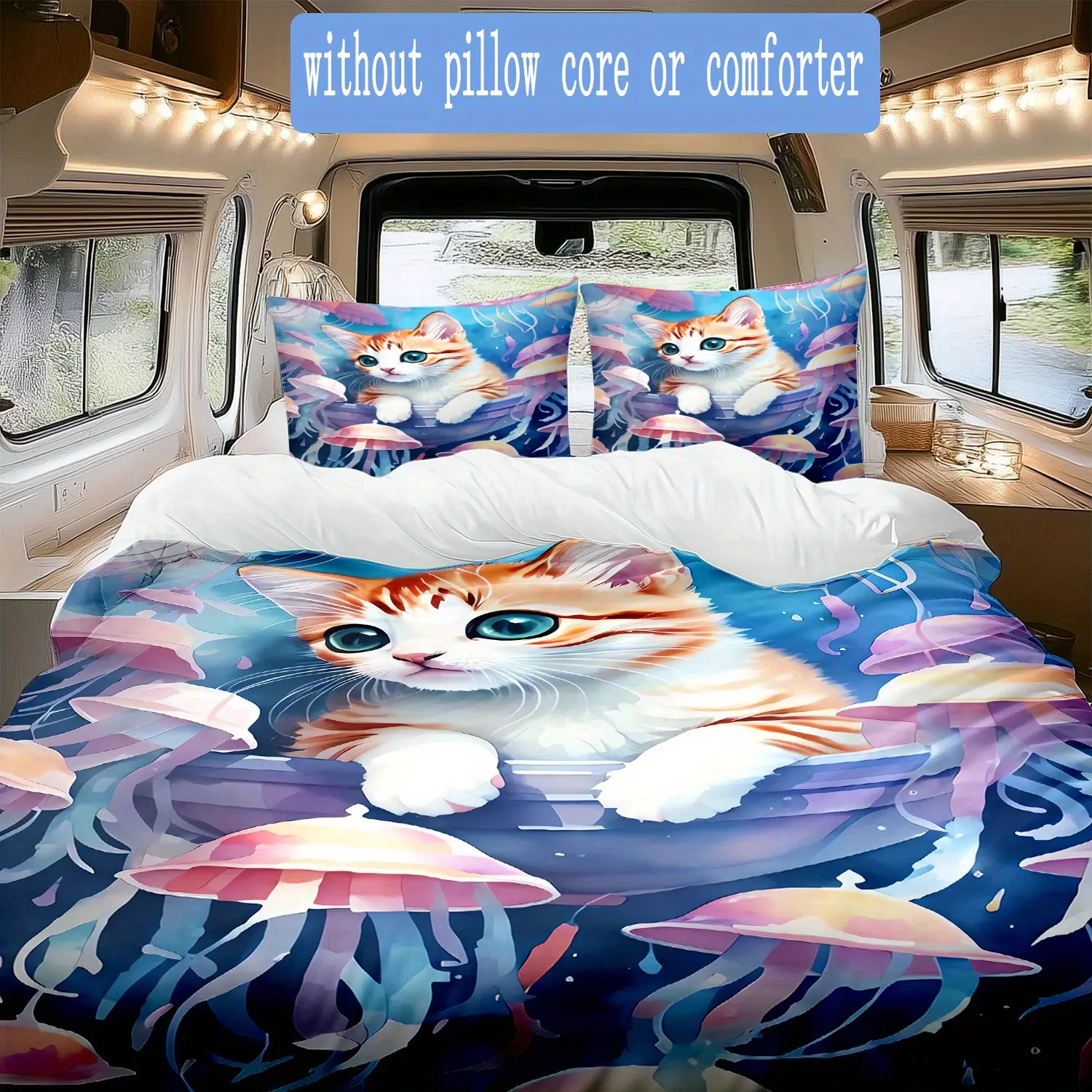 Polyester Cartoon Orange Cat & Jellyfish Print Duvet Cover Set - 1 Duvet Cover + 2 Pillowcases (Without Pillow Core), Multi-Size (Queen/Single/Super King), Mixed Colors, Birthday Gift, Bedroom Decoration