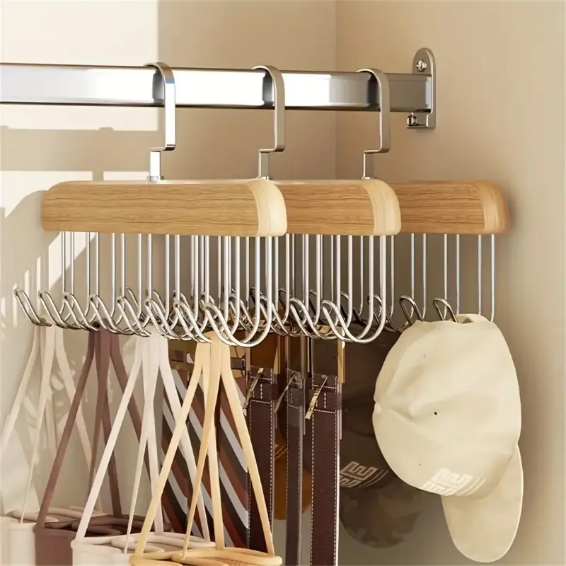 [3pcs Wooden Bra Hanger Set] Clothes Hanger Organizers, Space Saver Hangers, Space-Saving Closet Organizer for 24 Bras, Tank Tops, Swimwear & Dresses, 360 Swivel, Easy Storage, with 8 Pull-Out Metal Hooks, for Dorms & Apartments