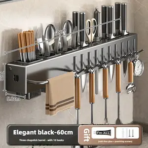 60cm Wall-Mounted Kitchen Organizer Shelf Stainless Steel Spice Storage Rack Knife Holder Seasoning Chopstick Spoon Shovel Storage