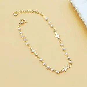 Dainty Cross Charm Bracelet | Imitation Pearl Stainless Steel Religious Easter Jewelry