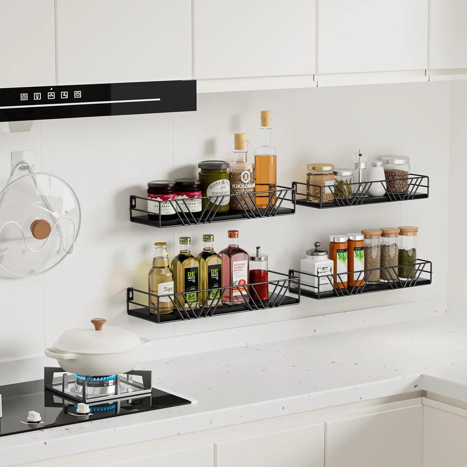 Heavy-Duty Multi-Size 4-Piece Wooden Metal Floating Shelves with Wall Mount, Space-Saving Organizer for Living Room, Kitchen Home Decor