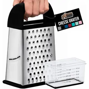 4-Sided Stainless Steel Cheese Grater With Container, 100% BPA-Free Box Grater, Slip Resistant Base and Handle, Grate Parmesan, Hard Cheeses, Shred Vegetables, Dishwasher Safe, Black