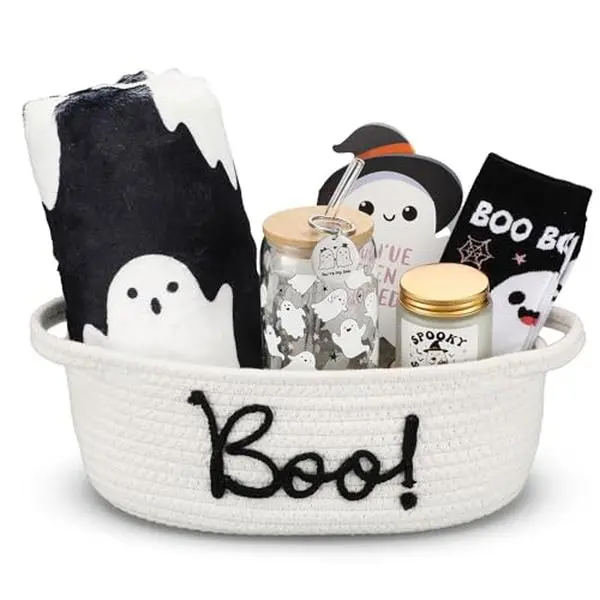 Gejoy Halloween Boo Basket for Women Halloween Gift Set with Boo Basket, Ghost Tumbler, Blanket, Plush Toy, Cute Spooky Basket Stuffers Gift Box Ideas for Women Adults Wife Girlfriend Sister Friend in Spooky Season, Perfect for Halloween Party