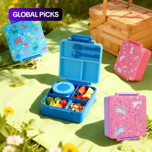 Cartoon Pattern Kids Bento Box with Stainless Steel Soup Container, Microwave Safe, Plastic, Square Shape, Lid, Portable Food Storage for Travel and Lunches #GLOBAL PICKS