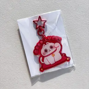Good Luck Fortune Cat Translucent Red Color Glitter Acrylic Keychain