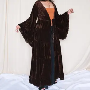 Flowy Velvet Duster, Long Sleeve Kimono, Fall Winter Jackets, Boho Hippie Top ,Bohemian Cardigan with Ruffle Sleeve, Goddess Whimsical Coat