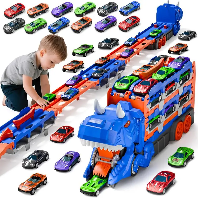 3-in-1 Dinosaur Transport Truck Toy - 64-in Racetrack, 12 Die-Cast Cars, BPA-Free Durable Child-Safe, T-Rex Head, T-Rex Swallow Play, Cool Lights, Realistic Dinosaur Sound Effects, Foldable for Kids Ages 3-6