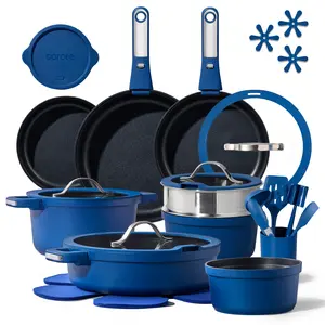 [Official]CAROTE 30pcs Sapphire Blue Pots and Pans Set Non Stick, Nonstick Cookware Set, Dishwasher/Oven/Fridge Safe Pots and Pans, Removable Handle RV Oven Safe Cookware, Induction Kitchen Set, Blue