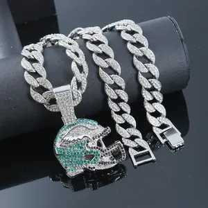 Hip Hop Cuban Link Chain Necklace with Diamond Studded Football Helmet Pendant Alloy High Quality Men's Jewelry Gift