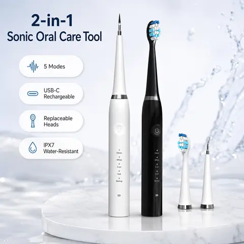 2-in-1 Sonic Tooth Cleaner & Electric Toothbrush for Adults - 5 Cleaning Modes, Replaceable Brush Head, USB-C Rechargeable Oral Care Tool