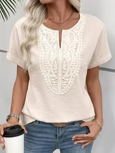 Women's Lace Embroidery Short Sleeve Top, Loose Fit V Neck Hollow Out Casual Aesthetic Style Shirt, Elegant Daily Wear Blouse for Women, Everyday Womenswear