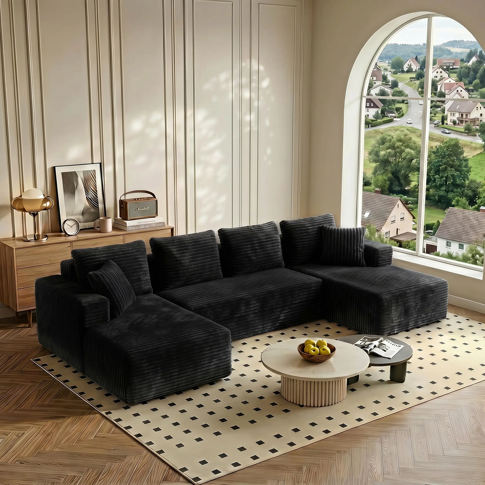 【Deals For You】ModernHub 132" Boneless Memory Foam Sectional Sofa, Corduroy Sectional Couches for Living Room, Oversized U Shape Comfy Modular Compression Cloud Sleeper Sofa with Deep Seat, No Assembly Required, Black