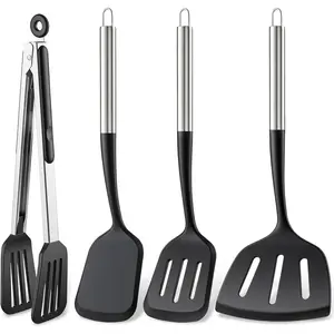4 count  Spatula Set with 12" Tongs, Large Extra Wide Flipper Turner for Pancake Steak Burger, Heat Resistant Scratch-Free Kitchen Utensils Tools for Nonstick Cookware, Black
