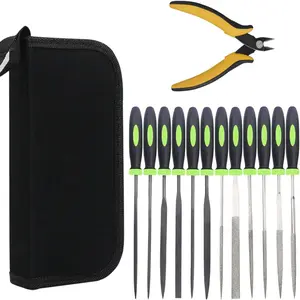 13pcs Needle File Set with 6Pcs Carbon Steel File,6Pcs Diamond File, with 1pc 5.5” Precision Flush Cutter& a Canvas Carry Bag, File Tools for Metal, Wood, Jewelry, Models, DIY, etc.