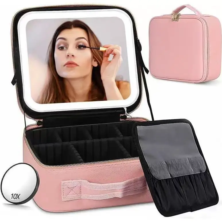 Crossbody Travel Cosmetic Bag with LED Illuminated Mirror, Waterproof Makeup Train Case & Portable Cosmetic Organizer with Adjustable Dividers, Travel Makeup Storage Bag for Brushes & Cosmetics