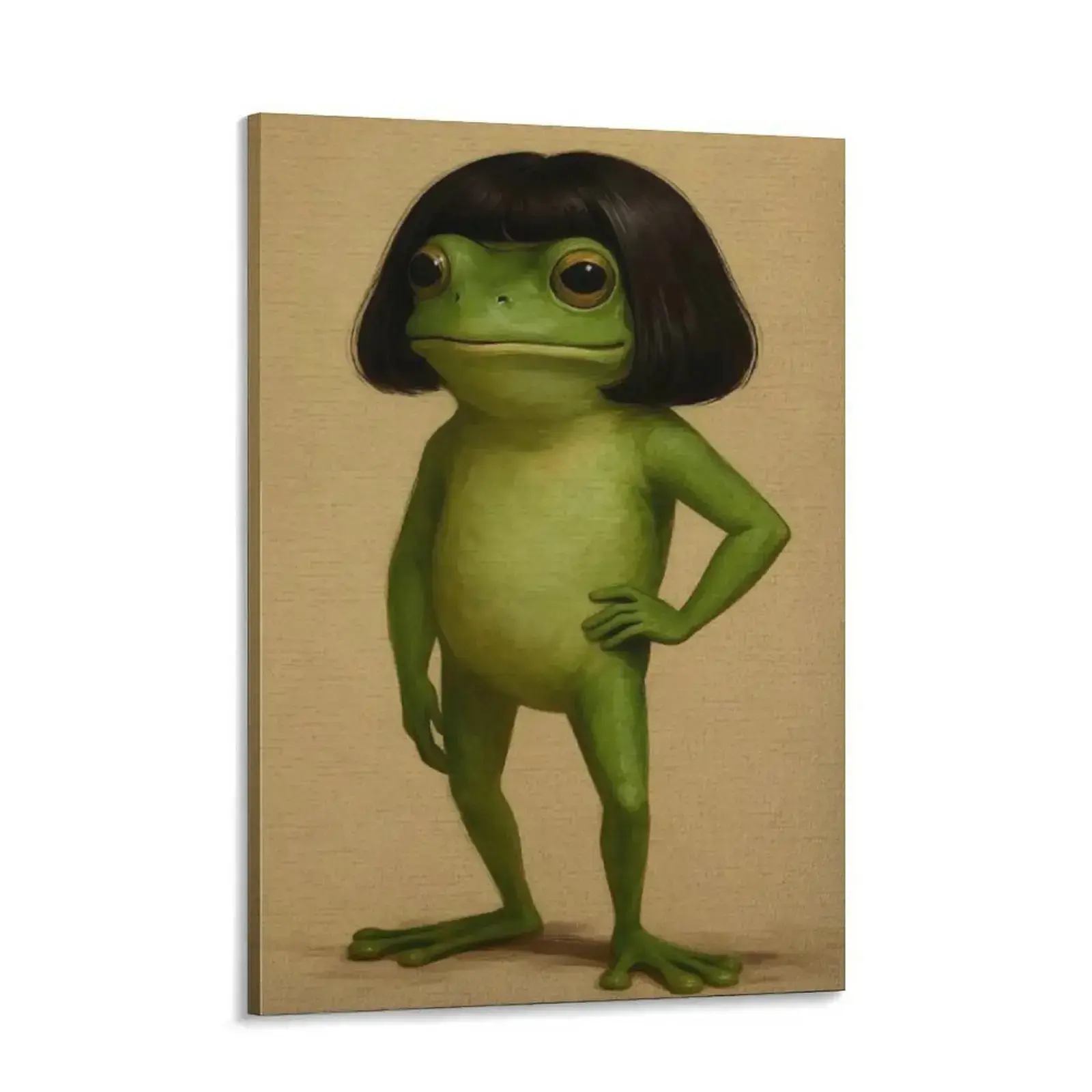 Whimsical Frog Portrait Canvas Poster Funny Animal Abstract Mimalist Green Funny Frog Poster Art Print Bob Haircut Kids Playroom Decor Frog Lover Gift Unique Wall Art quirky wall decor opossum humor artwork funny poster 24x 36 unique art decor posters fun