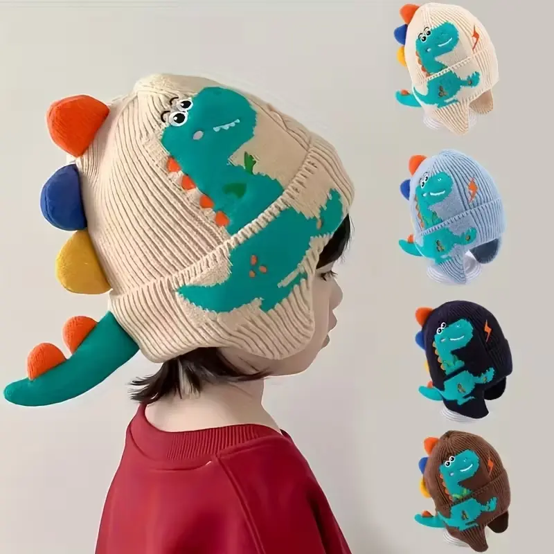 Cute Dinosaur Earflap Beanie for Kids, Thick Warm Knit Hat for Outdoor Cycling and Skiing, Unisex Winter Cap, Birthday Gift