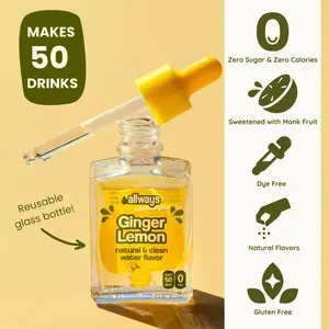 Allways Drops Ginger Lemon Water Enhancer Drops | Sugar-Free, Zero Calories, Monk Fruit Sweetened | No Artificial Flavors | Glass Bottle for On-the-Go Hydration | Kids & Adults | Makes 50 Drinks & Beverages | Flavor Life, Allways