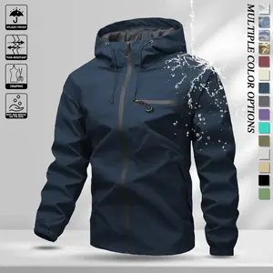Men’s lightweight windproof softshell jacket with drawstring hood, sporty casual style, large front pocket capacity, side zipper design, suitable for spring and autumn, back-to-school styling, long-sleeve version ideal for outdoor wear in spring.