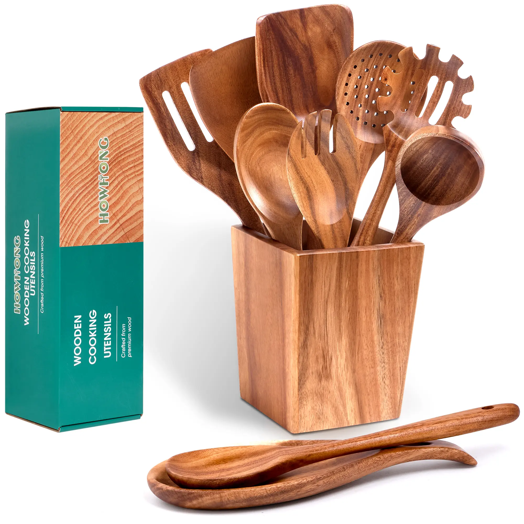 HOWHONG Premium Acacia Wood Cooking Utensils Set – Handmade Shaped Wooden Spoons & Wooden Cooking Tools for Nonstick Kitchen Cookware, Heat-Resistant, Smooth Finish, Comfortable Grip, with Holder, -Ready Resistant Cooking Utensils Set gift cookwares pasta