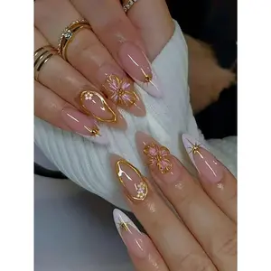 24 Pieces Long Almond Shaped Press-On Nails Set with French Three-Dimensional Flower Design – Reusable, Shiny Surface, Suitable for Daily Wear