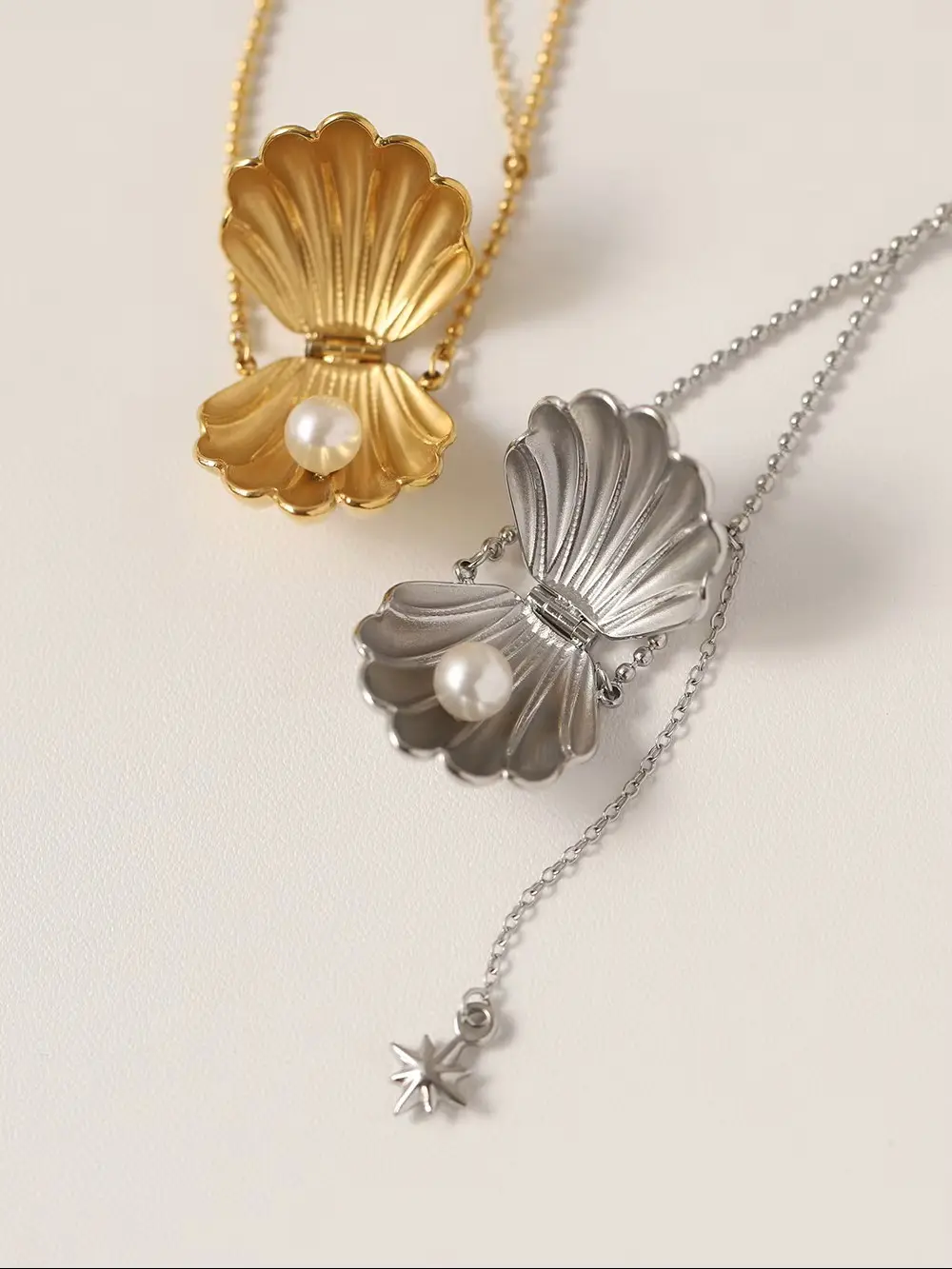 Seashell Locket Necklace with Pearl Inside and Dangling Star Pendant Charm | Unique Ocean Beach Inspired Jewelry for Women & Girls | Cute Mermaid Aesthetic Gift for Birthday, Anniversary, Vacation, Summer Fashion, Friendship, Bridesmaid, or Daily Wear
