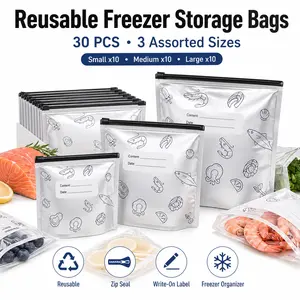30 Pack Reusable Freezer Storage Bags, Stand-Up Airtight Ziplock Bags, Thick Leakproof Food Bags with Labels for Meat, Seafood, Fruits & Meal Prep