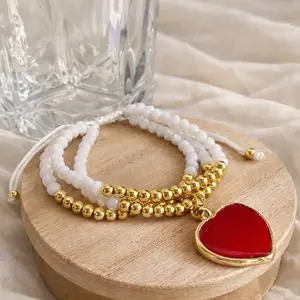 Red Heart Bracelet with Gold Beads and White Beads for Women's Fashion Accessory