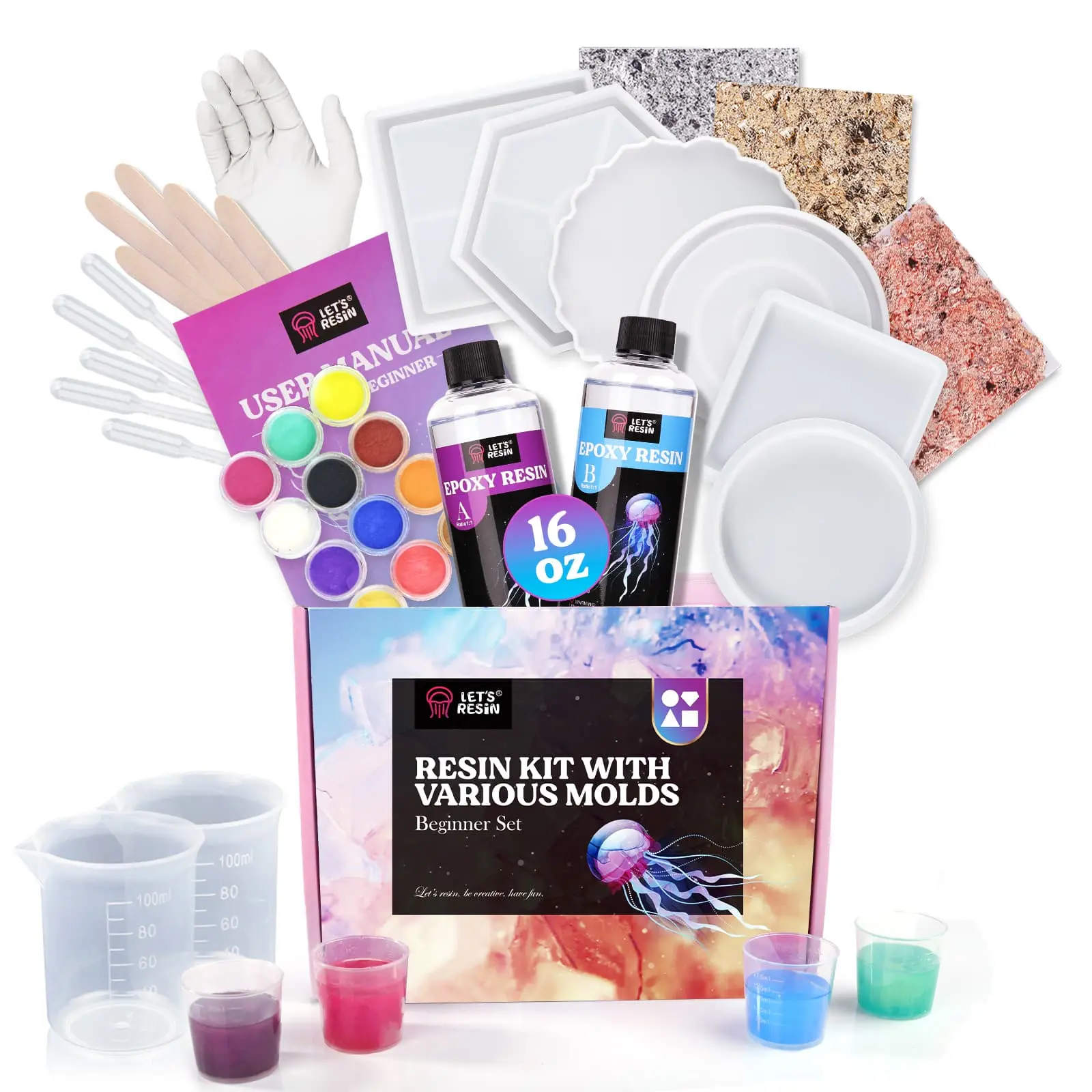 16oz Epoxy Resin Coaster Molds Kit for Beginners,Include Epoxy Resin,Coaster Molds, and Mica Powder for Resin Casting, mothersdaygift, Ideal Christmas Gift Set - LET'S RESIN