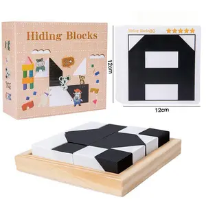 Wooden Hidden Blocks Puzzle Game - 80 Brain Challenges with Solid Wood Box & Deluxe Black & White Blocks - Brain Teaser Puzzles for Kids, Teens & Adults