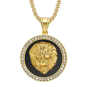 Lion Head Necklace For Men Women Gold Silver Pendant Shield Roar Round Rhinestones Stainless Steel Punk Goth Cool Viking Vintage Lion Necklace For Him Huaband Boyfriend