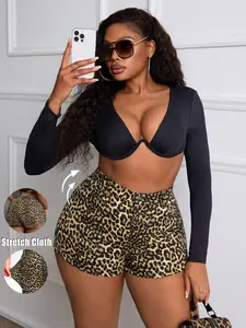 Summer Women's High Waist Leopard Print Denim Elastic Button Fitted Shorts, Casual Summer Wear, Comfortable and Fashionable, Perfect Daily Choice