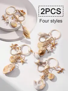 Natural Dual Color Shell Keychain, Clouds, Shells, Starfish & Conch Pendants, Summer Beach Series, Ocean Style Keyring Gift