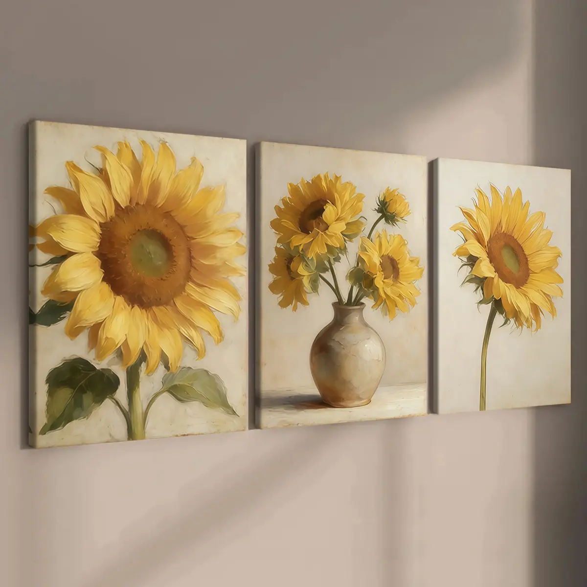 3-count wooden frame canvas, retro oil painting style sunflower poster, fashionable floral art decoration, fashionable family poster, modern living room decoration art, suitable for corridor, room bedroom walls, waterproof art, Modern Home Decoration