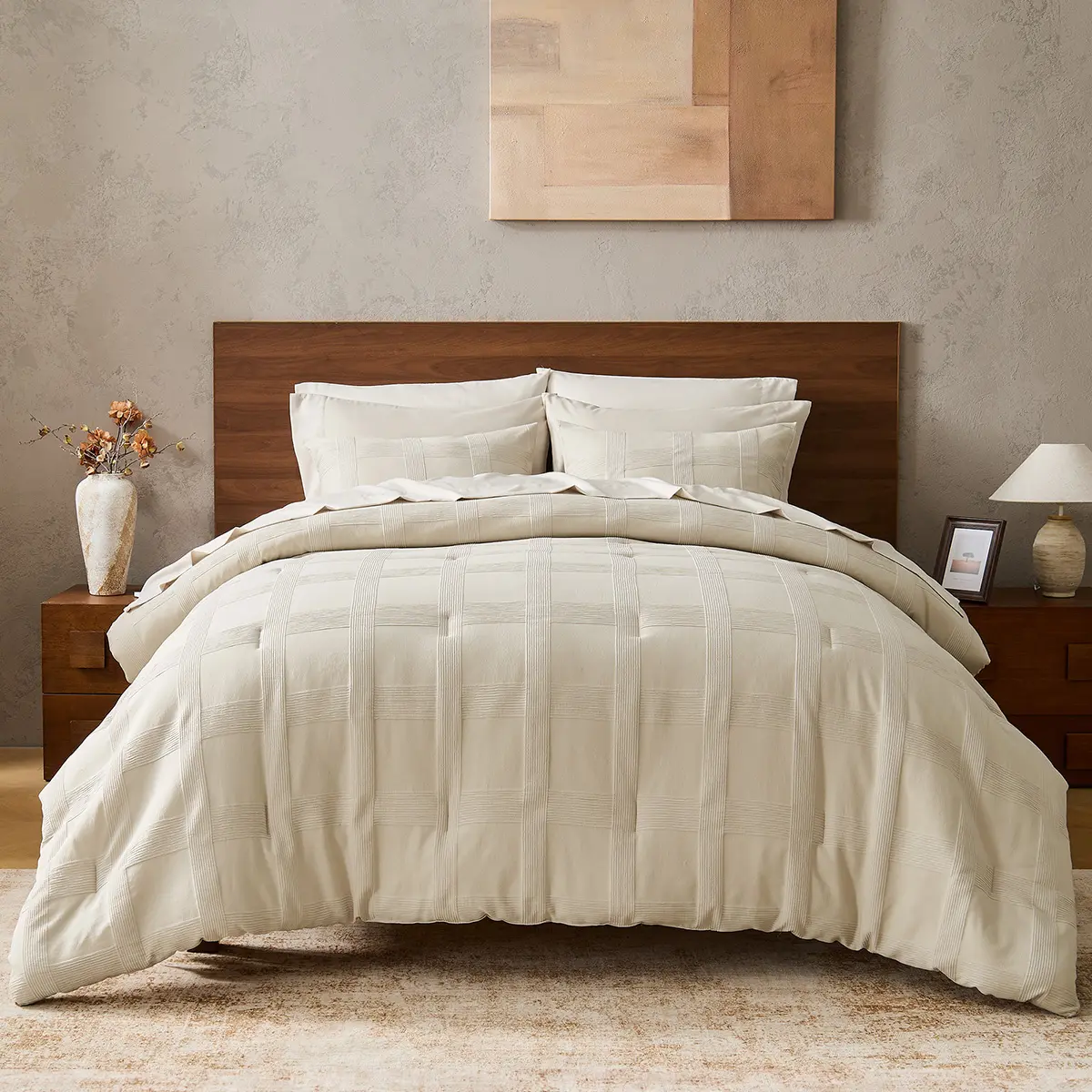 BIAB Minimalist Woven Stripe Comforter Set, Modern Jacquard Bedding for All Seasons Bed in A Bag with Sheet Set and Soft Brushed Reverse OEKO-TEX Certified