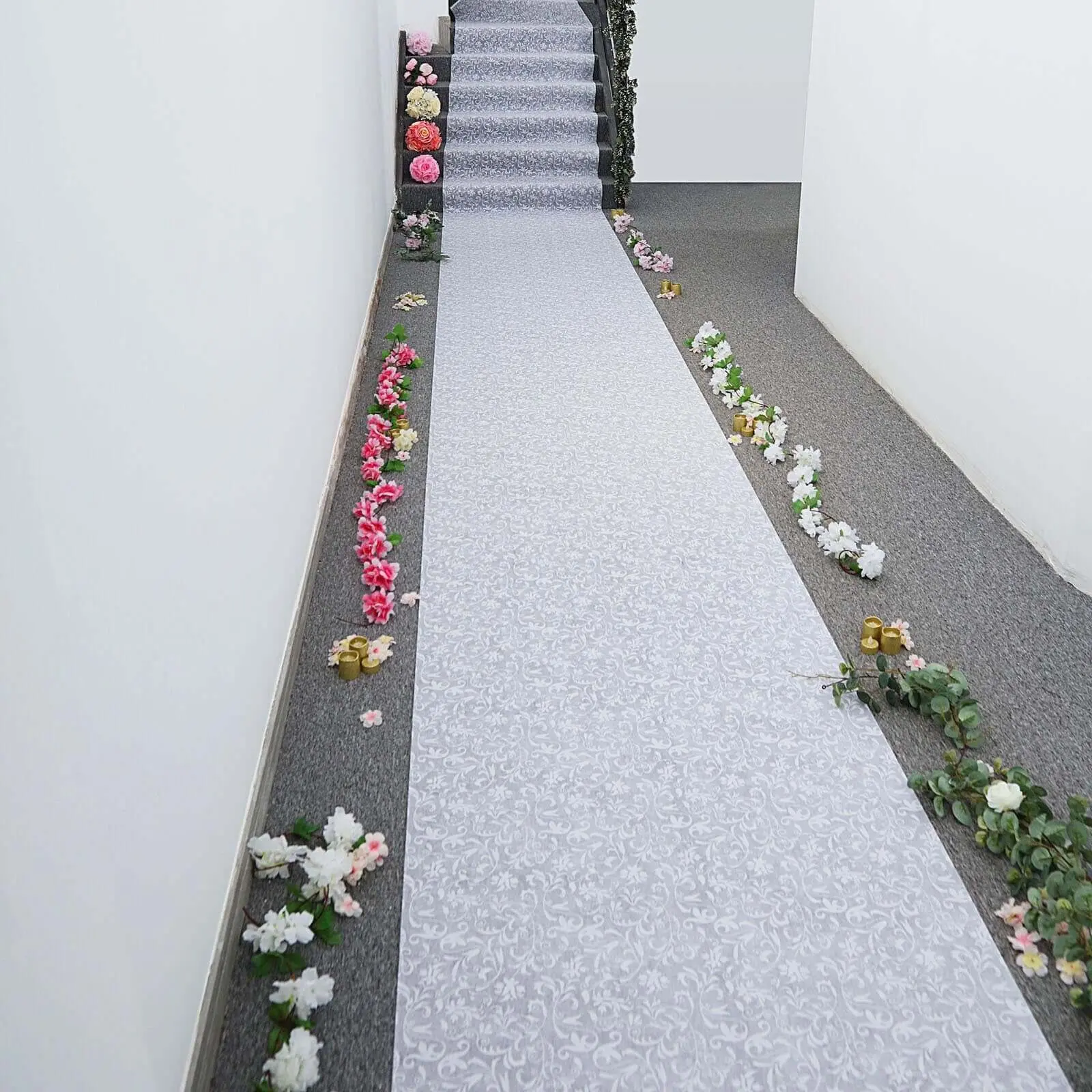 White Floral Lace Aisle Runner Carpet, 36in x 50ft Party Event Runner, Household Textile for Wedding-Restaurant Decorations