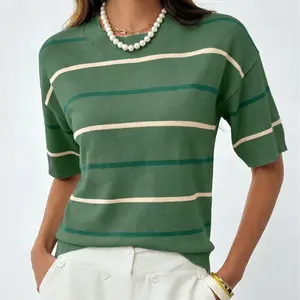 2026 Spring/Summer Women's Short Sleeve Striped Sweatshirt - Soft Breathable Fabric Crew Neck Pullover Top for Daily Wear SpringStatements