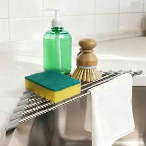 Triangle Dish Drying Rack, Sink Caddy for Top of Sink Rack, Stainless Steel Roll-Up Over The Sink Drainer, Foldable Sponge Holder for Kitchen Sink Organizer, Non-Slip Silicone, Space-Saving