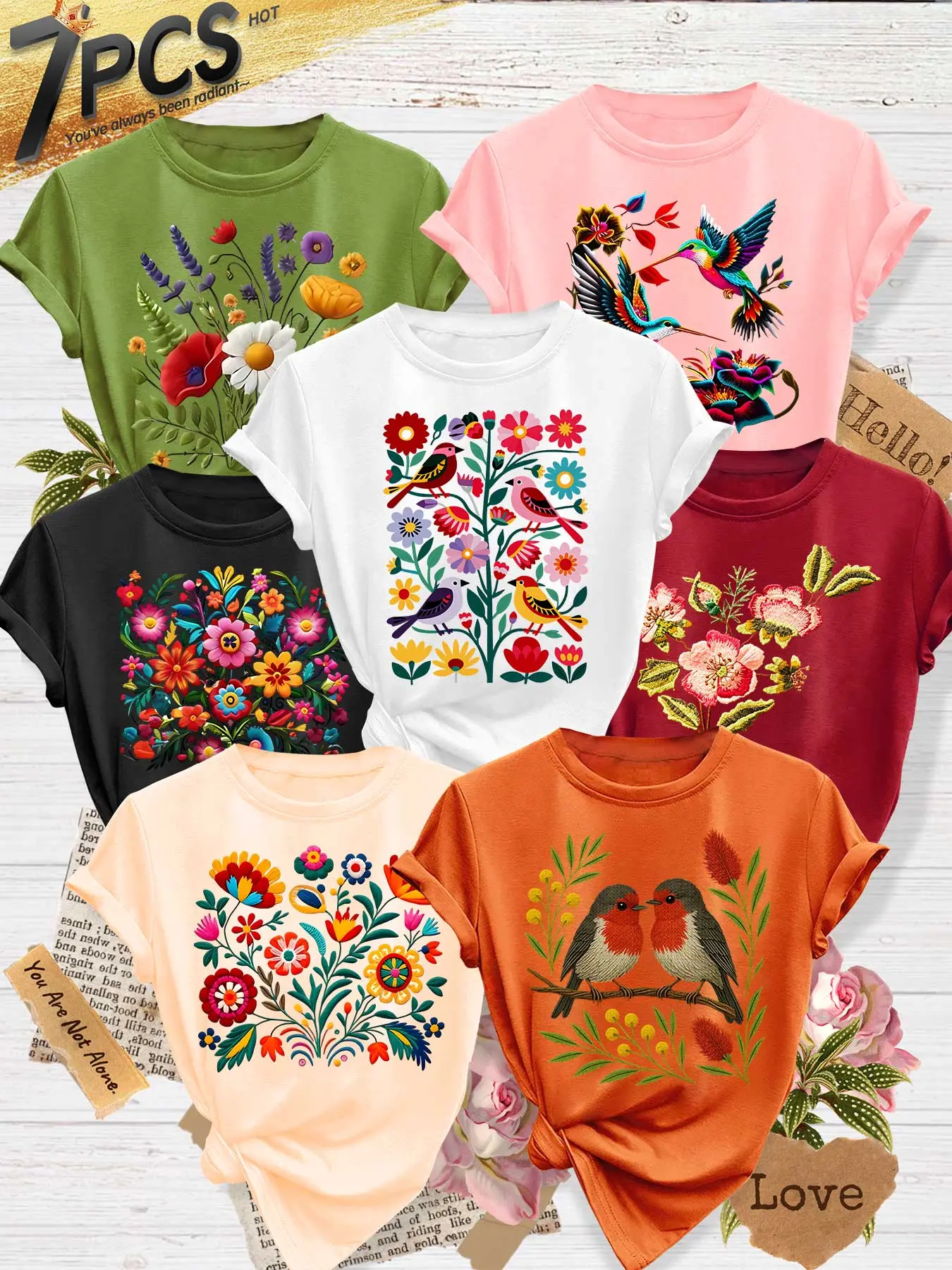 7Pcs Women's Crew Neck T-Shirts, Casual Tee, Folk-Style Floral & Bird Series Print, Multiple Colors Available, Machine Washable, Spring & Summer Tops, Soft Skin-Friendly Fabric, Daily Versatile, Casual, Fashion Design