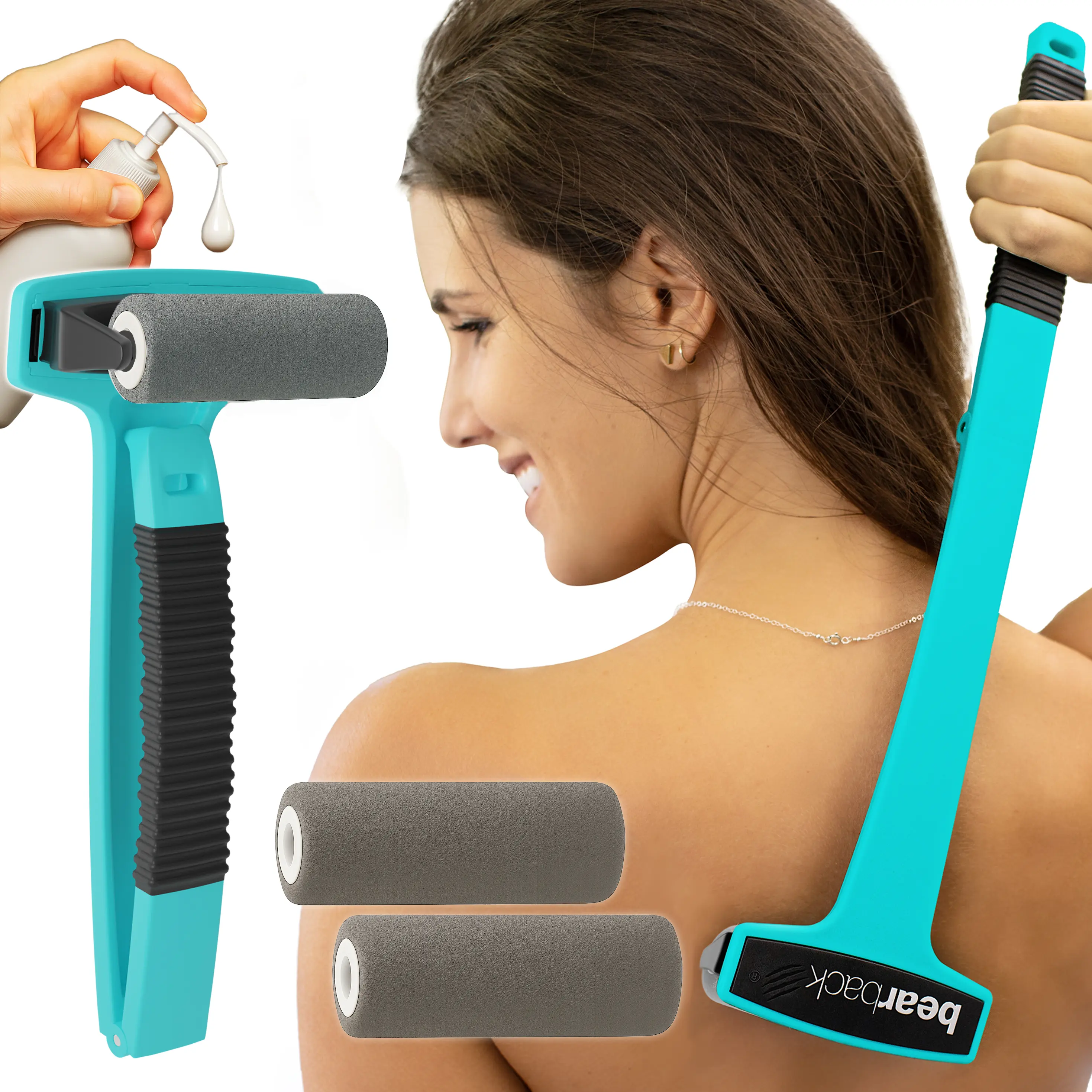 Bearback Lotion Applicator for Back & Body, Folding Long-Reach Handle, 2 Washable Rollers, Travel Friendly